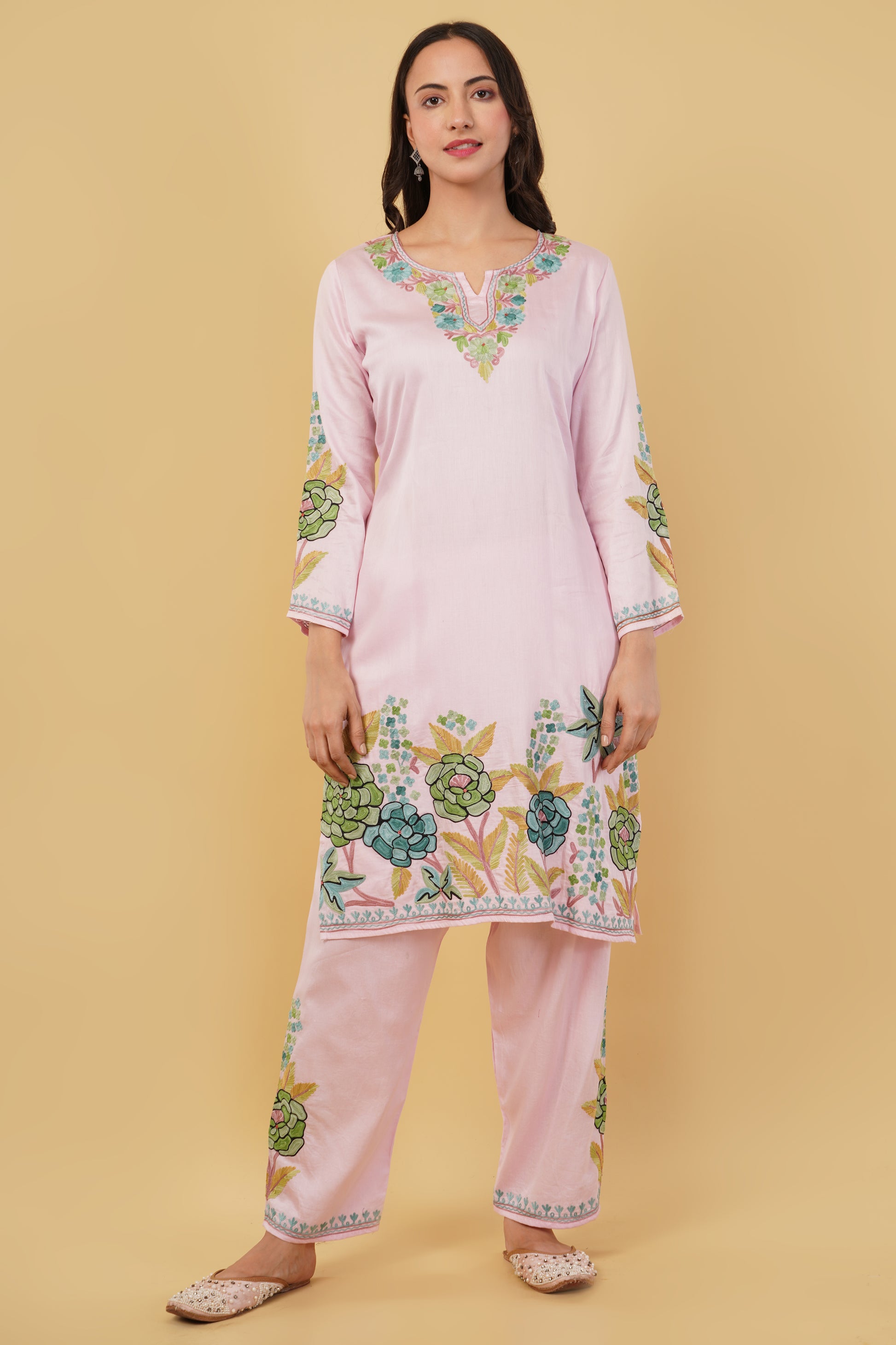 Kashmiri Aari embroidery Jaam Cotton Co-ord set Size-40 (Pink)