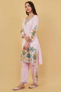 Kashmiri Aari embroidery Jaam Cotton Co-ord set Size-40 (Pink)