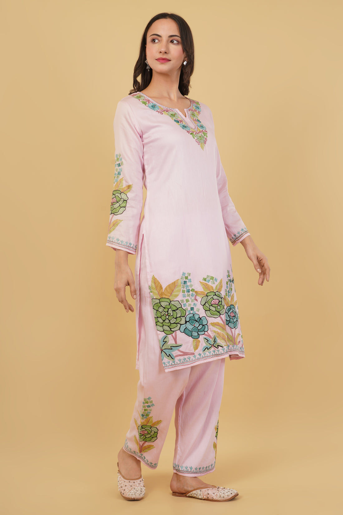 Kashmiri Aari embroidery Jaam Cotton Co-ord set Size-40 (Pink)