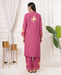 Pure Acro Wool Kashmiri Aari Embroidery Kurti & Pant Set(Pink)