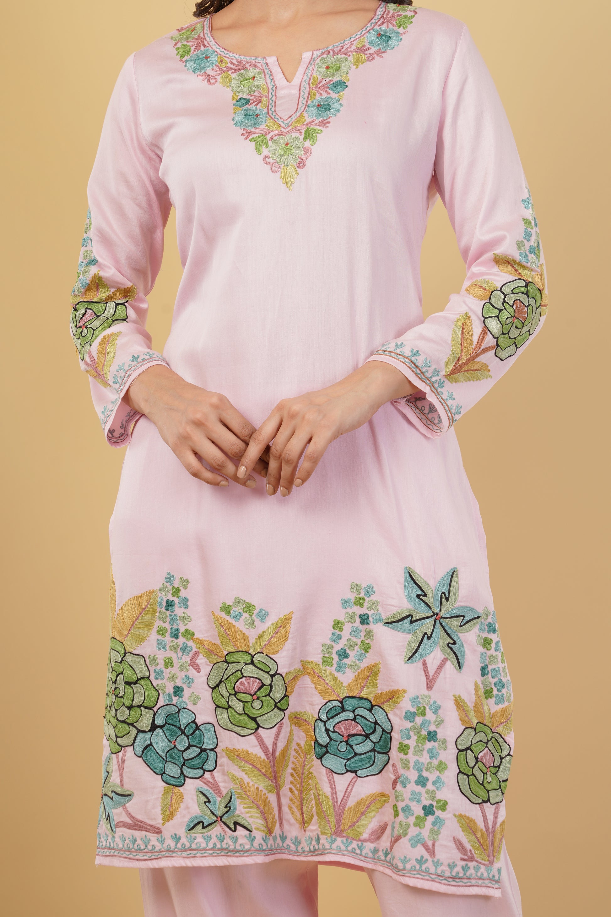 Kashmiri Aari embroidery Jaam Cotton Co-ord set Size-40 (Pink)