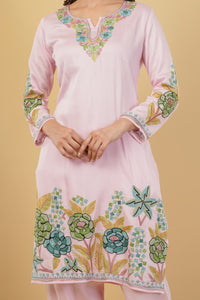 Kashmiri Aari embroidery Jaam Cotton Co-ord set Size-40 (Pink)