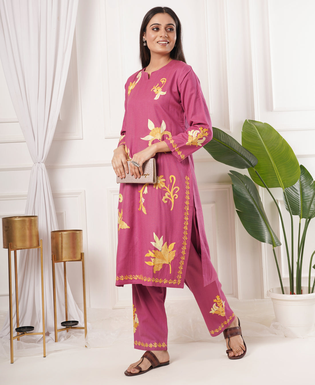 Premium Acro Wool Winter Kurti & Pant Set (Pink)