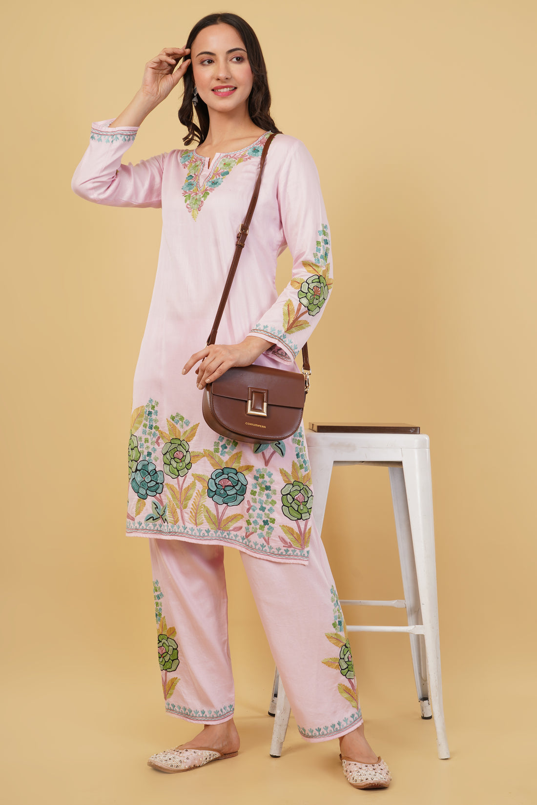 Kashmiri Aari embroidery Jaam Cotton Co-ord set Size-40 (Pink)