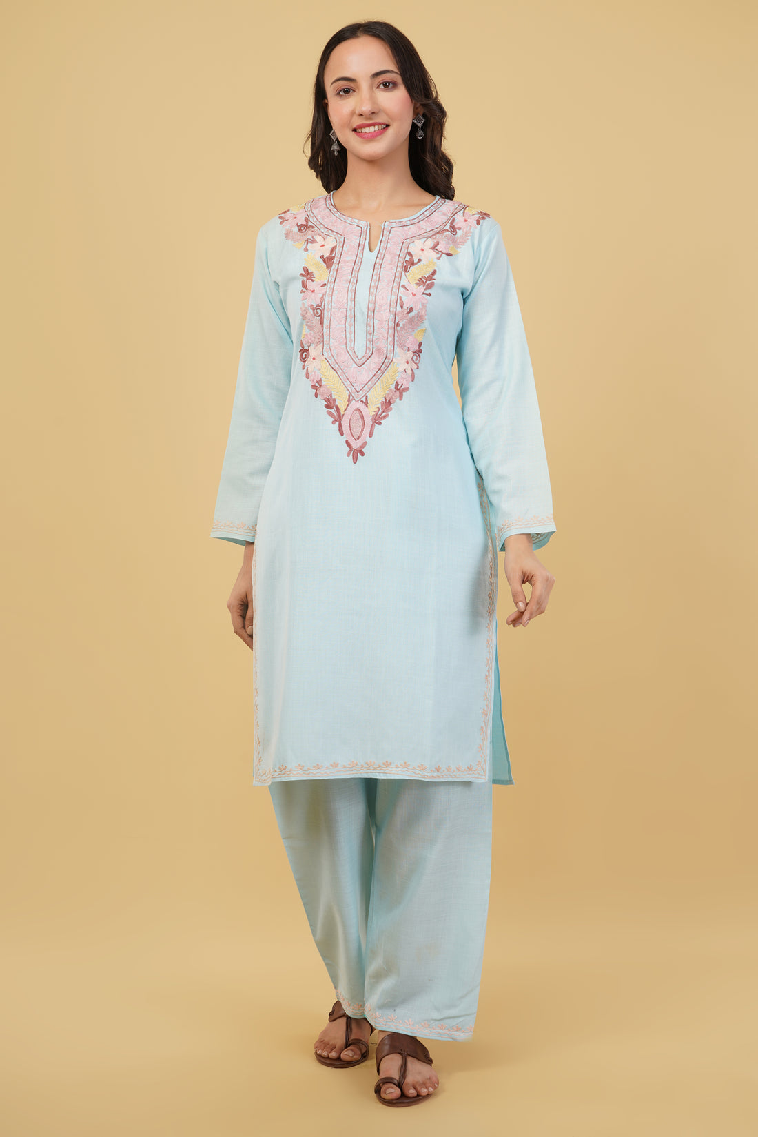 Kashmiri Aari embroidery Cotton Co-ord set Size-38 (Sky Blue)