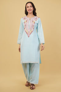 Kashmiri Aari embroidery Cotton Co-ord set Size-38 (Sky Blue)