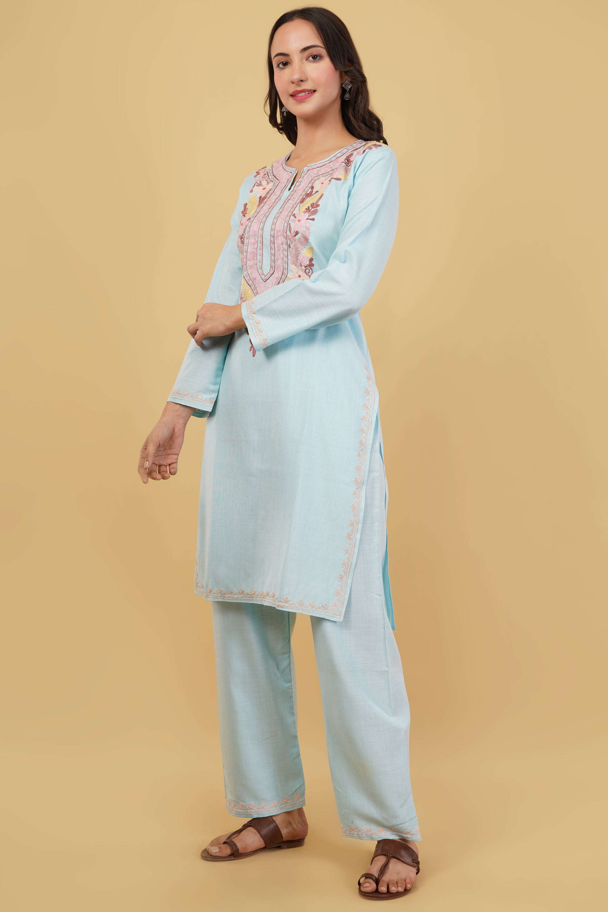 Kashmiri Aari embroidery Cotton Co-ord set Size-38 (Sky Blue)
