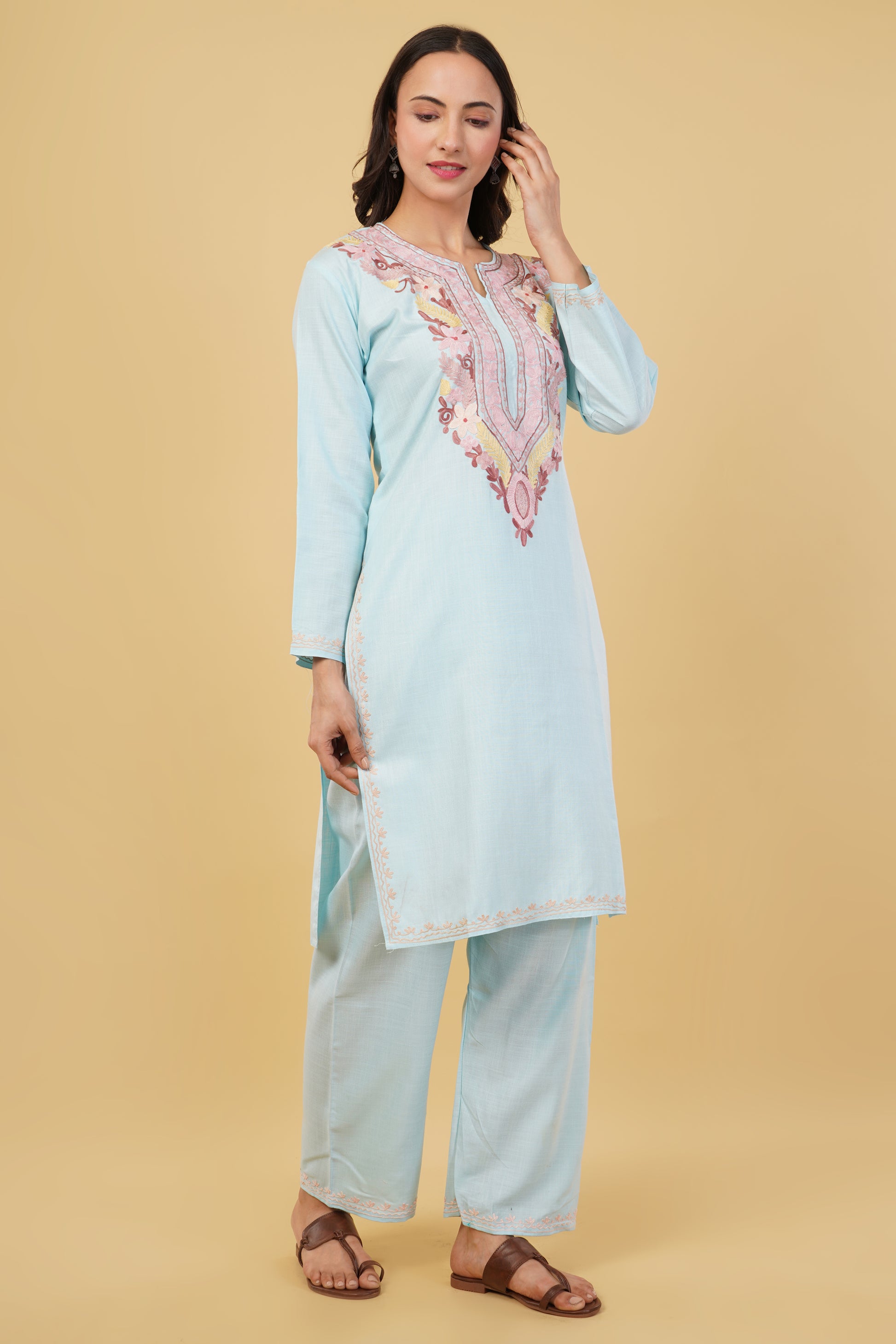 Kashmiri Aari embroidery Cotton Co-ord set Size-38 (Sky Blue)