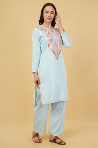 Kashmiri Aari embroidery Cotton Co-ord set Size-38 (Sky Blue)