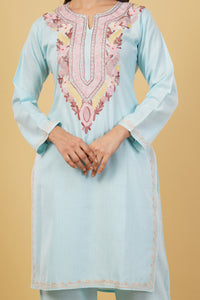 Kashmiri Aari embroidery Cotton Co-ord set Size-38 (Sky Blue)