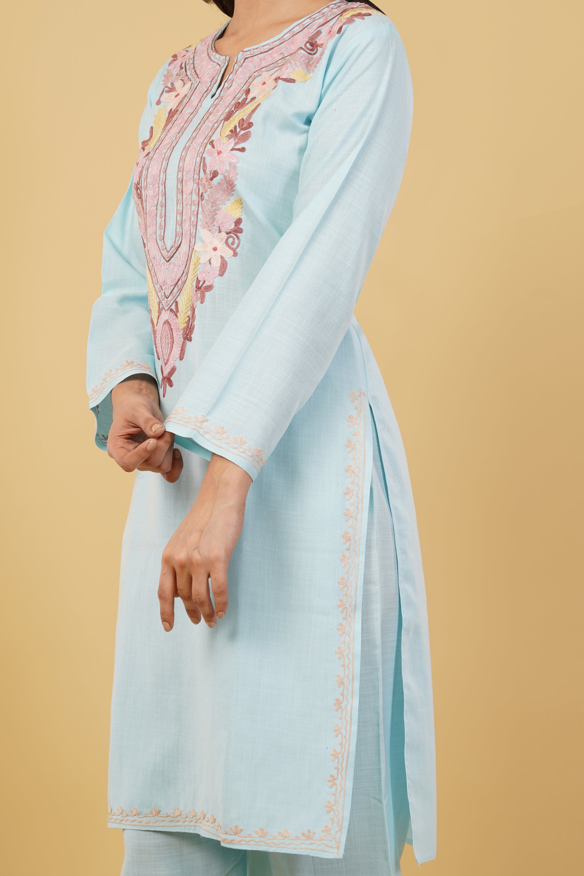 Kashmiri Aari embroidery Cotton Co-ord set Size-38 (Sky Blue)