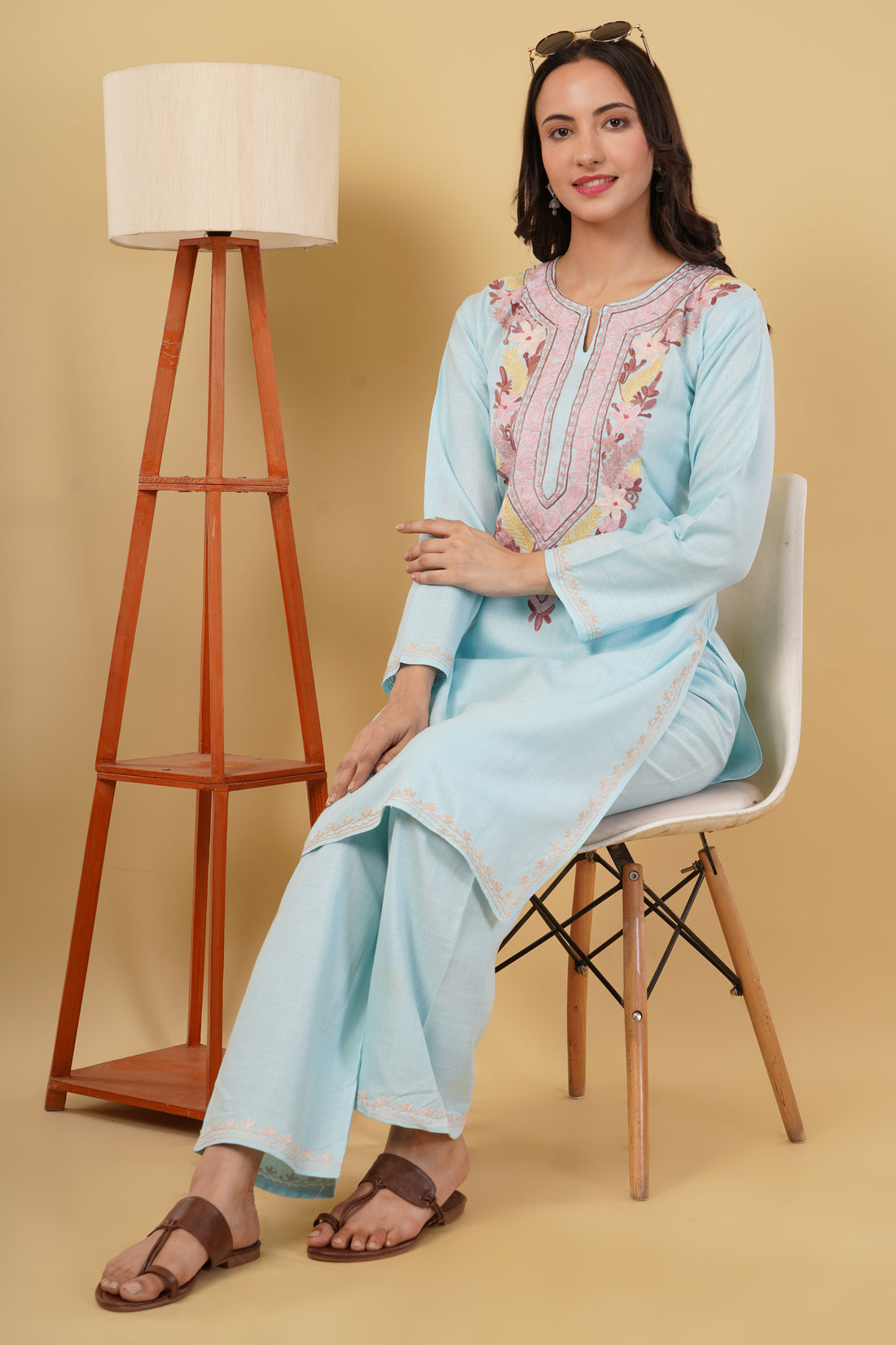 Kashmiri Aari embroidery Cotton Co-ord set Size-38 (Sky Blue)