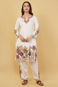 Kashmiri Aari embroidery Jaam Cotton Co-ord set Size-40 (White)