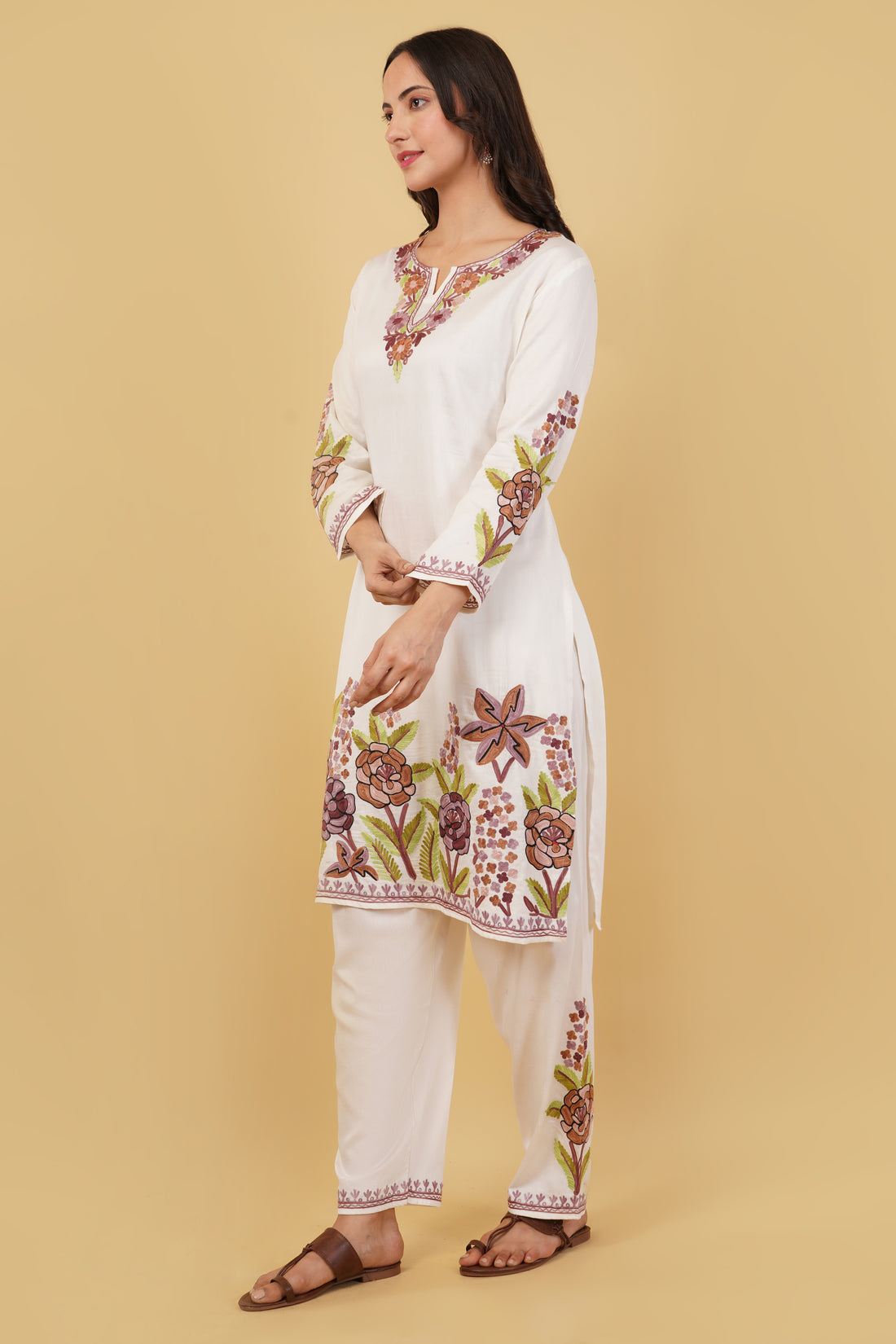 Kashmiri Aari embroidery Jaam Cotton Co-ord set Size-40 (White)