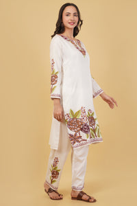 Kashmiri Aari embroidery Jaam Cotton Co-ord set Size-40 (White)
