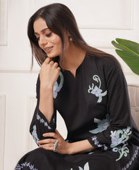 Pure Acro Wool Kashmiri Aari Embroidery Kurti & Pant Set (Black)