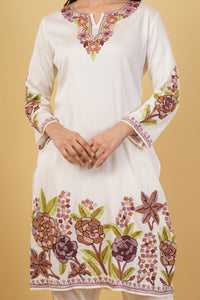 Kashmiri Aari embroidery Jaam Cotton Co-ord set Size-40 (White)
