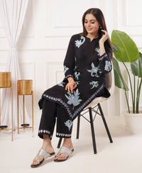 Pure Acro Wool Kashmiri Aari Embroidery Kurti & Pant Set (Black)