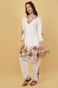 Kashmiri Aari embroidery Jaam Cotton Co-ord set Size-40 (White)
