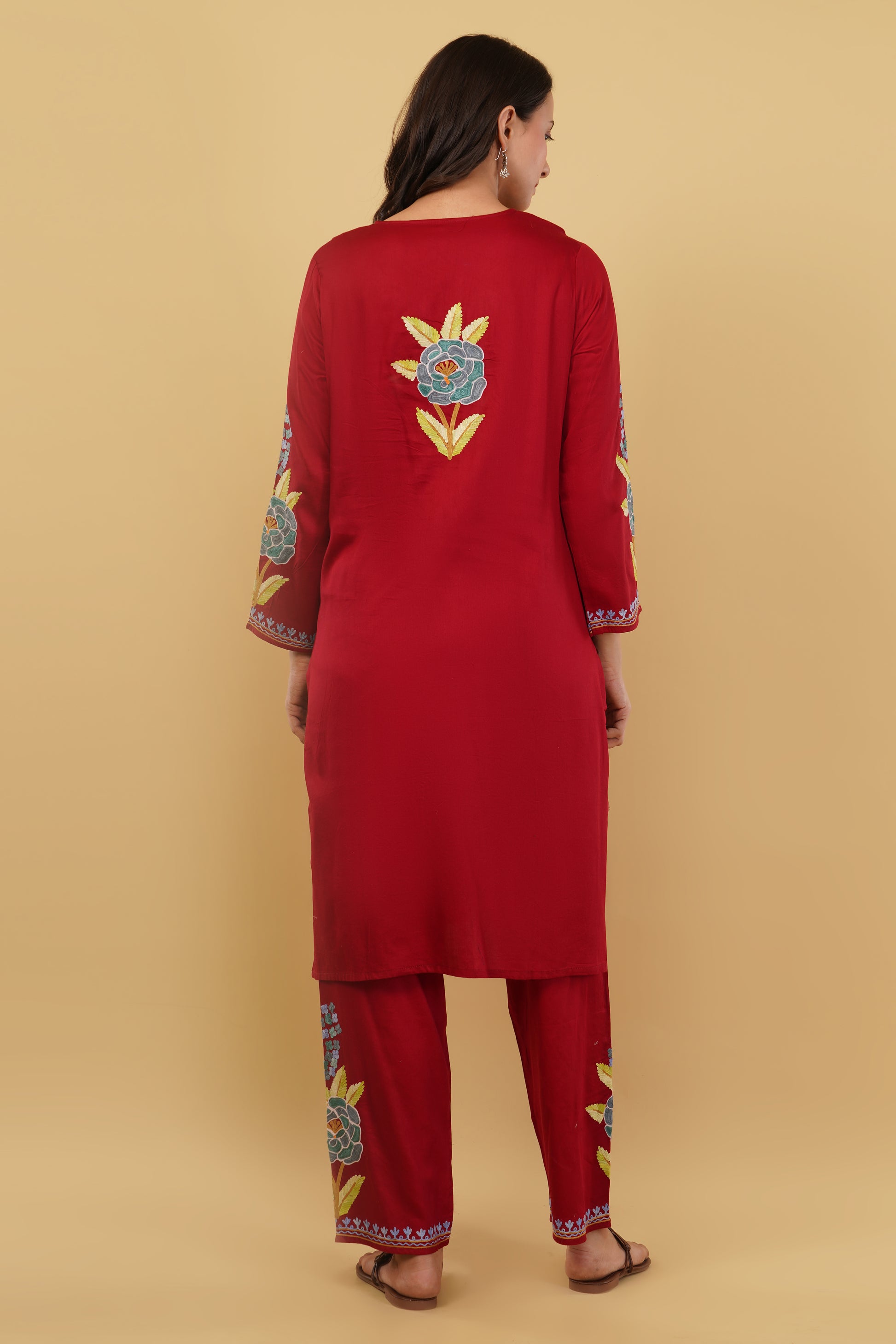 Kashmiri Aari embroidery Jaam Cotton Co-ord set Size-40 (Red)