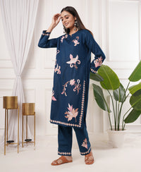 Pure Acro Wool Kashmiri Aari Embroidery Kurti & Pant Set (Blue)