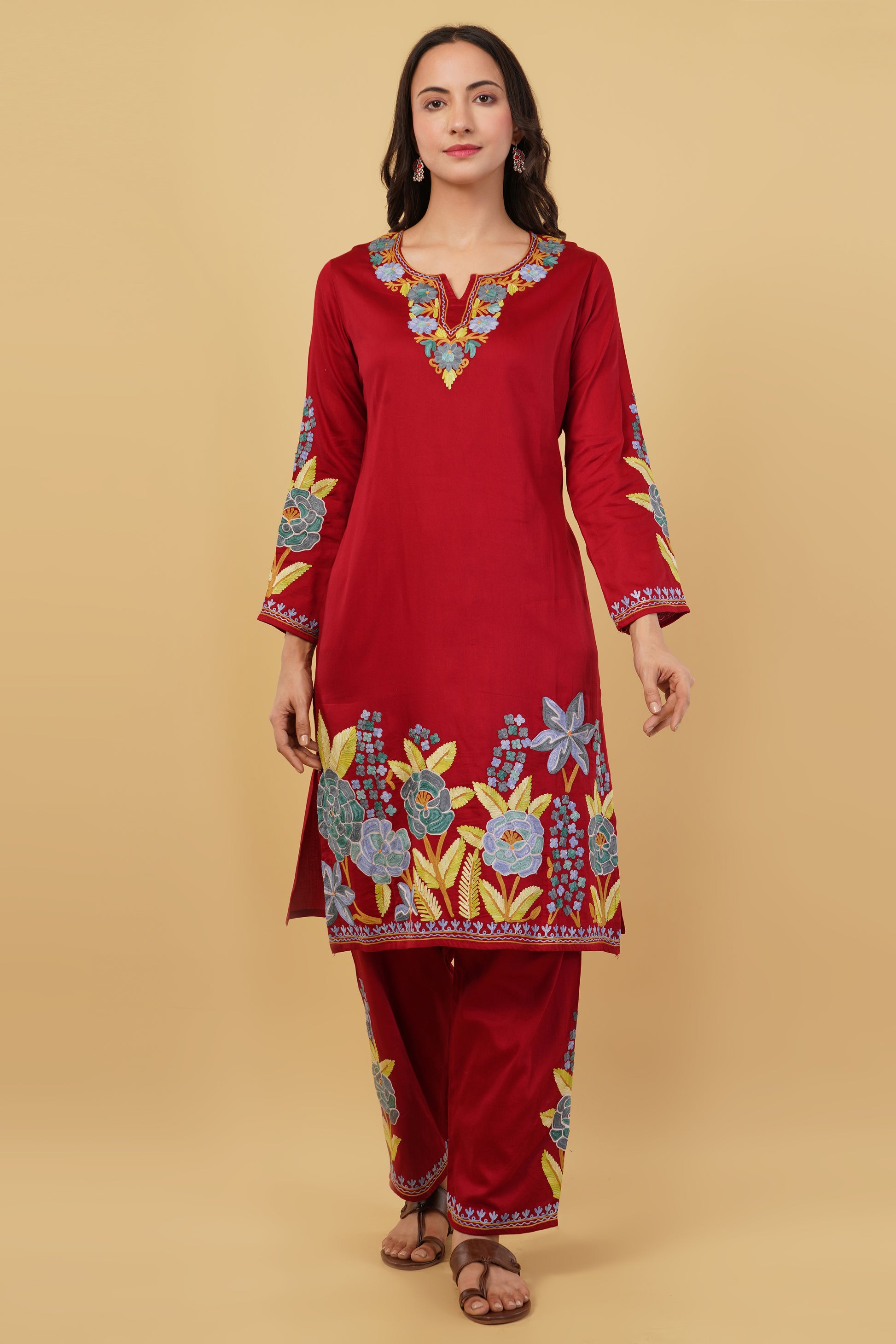 Kashmiri Aari embroidery Jaam Cotton Co-ord set Size-40 (Red)