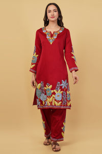 Kashmiri Aari embroidery Jaam Cotton Co-ord set Size-40 (Red)