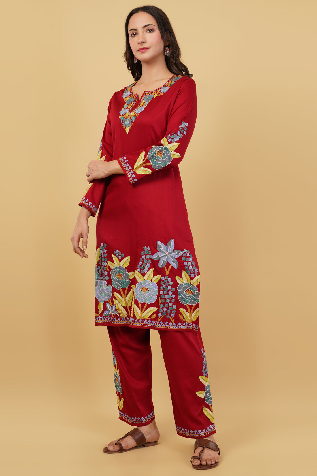 Kashmiri Aari embroidery Jaam Cotton Co-ord set Size-40 (Red)