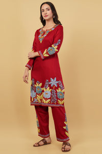 Kashmiri Aari embroidery Jaam Cotton Co-ord set Size-40 (Red)