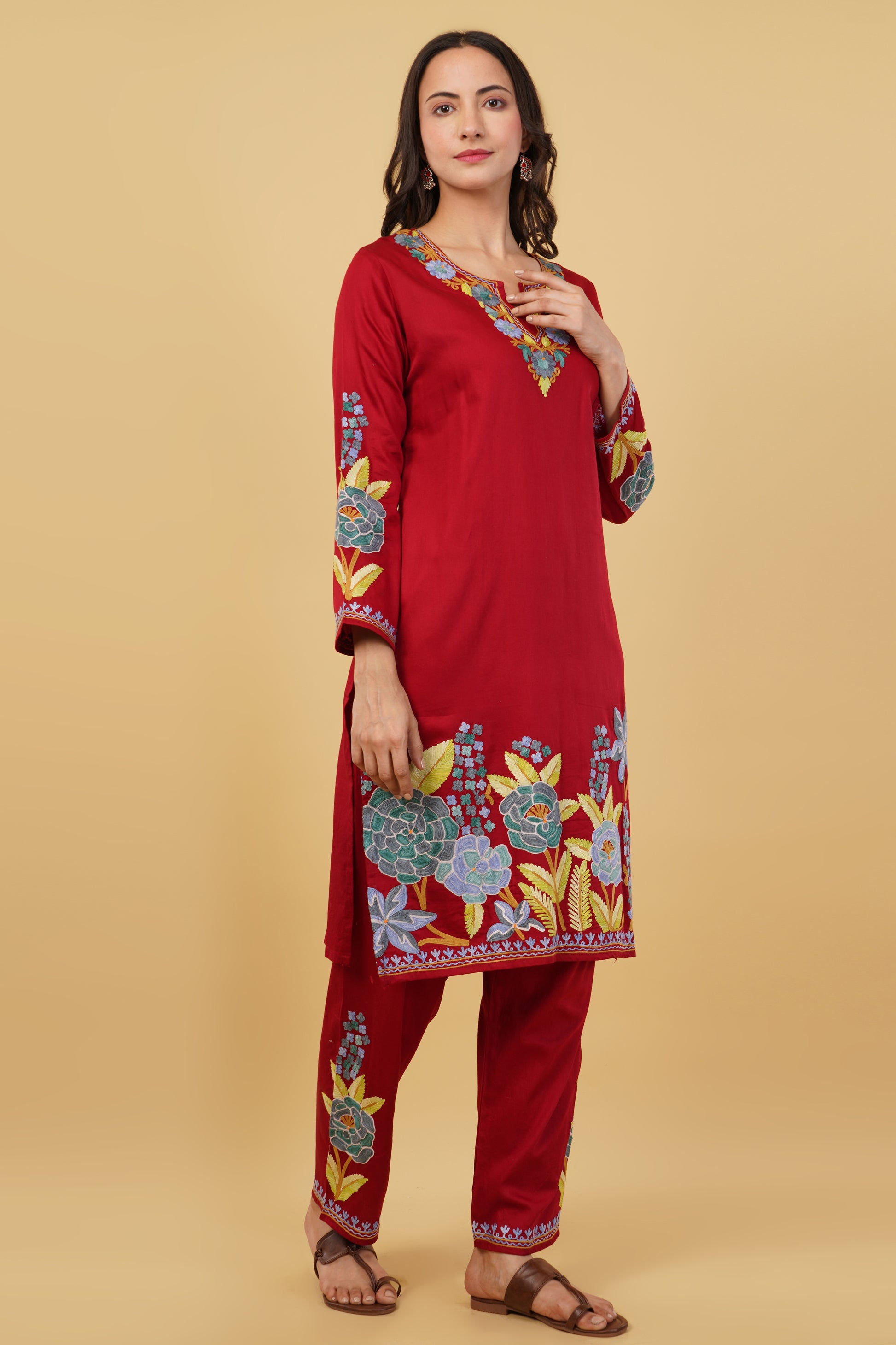 Kashmiri Aari embroidery Jaam Cotton Co-ord set Size-40 (Red)