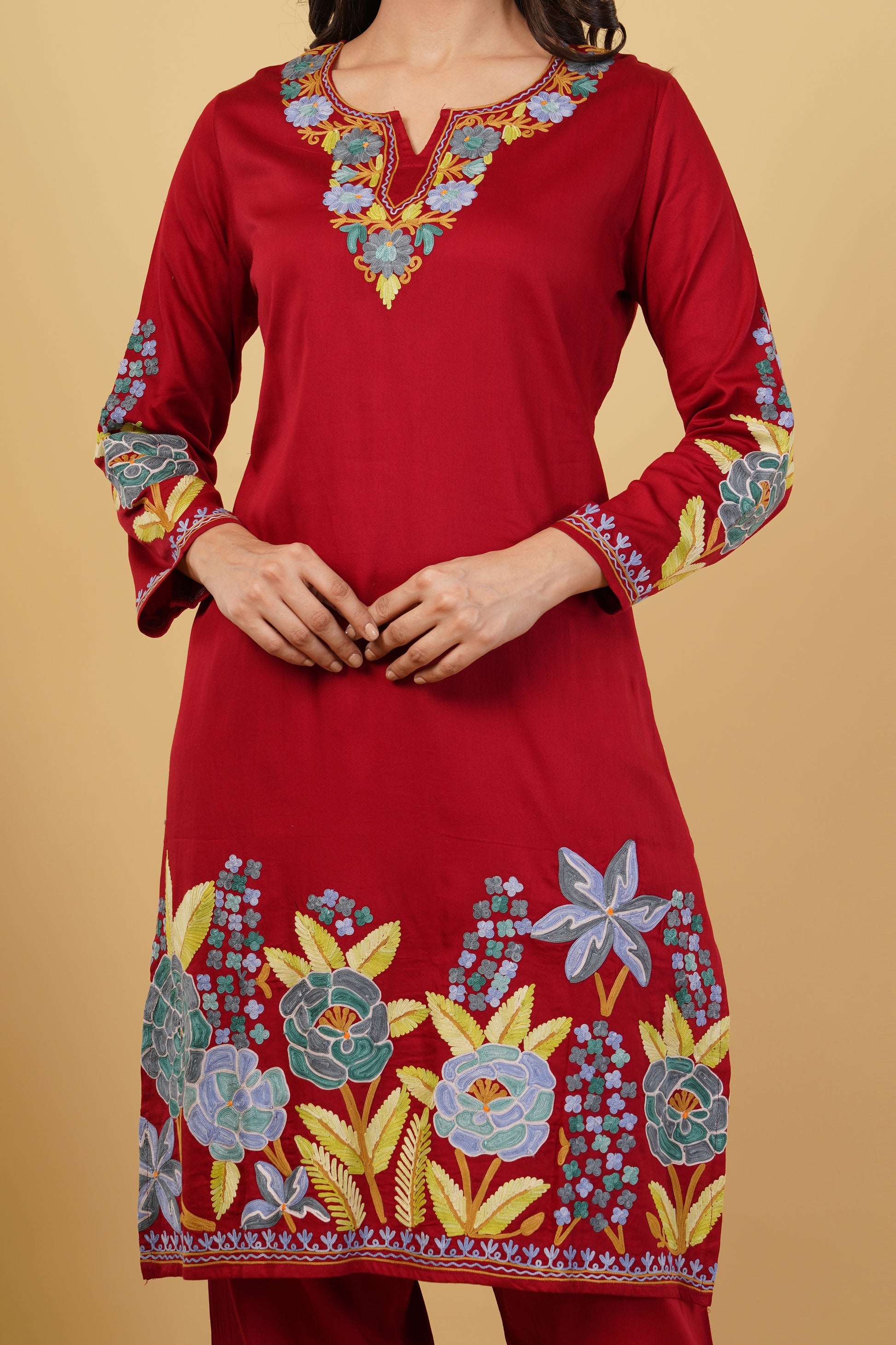 Kashmiri Aari embroidery Jaam Cotton Co-ord set Size-40 (Red)