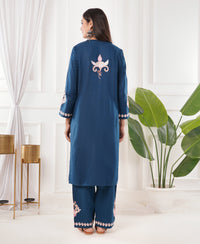 Pure Acro Wool Kashmiri Aari Embroidery Kurti & Pant Set (Blue)