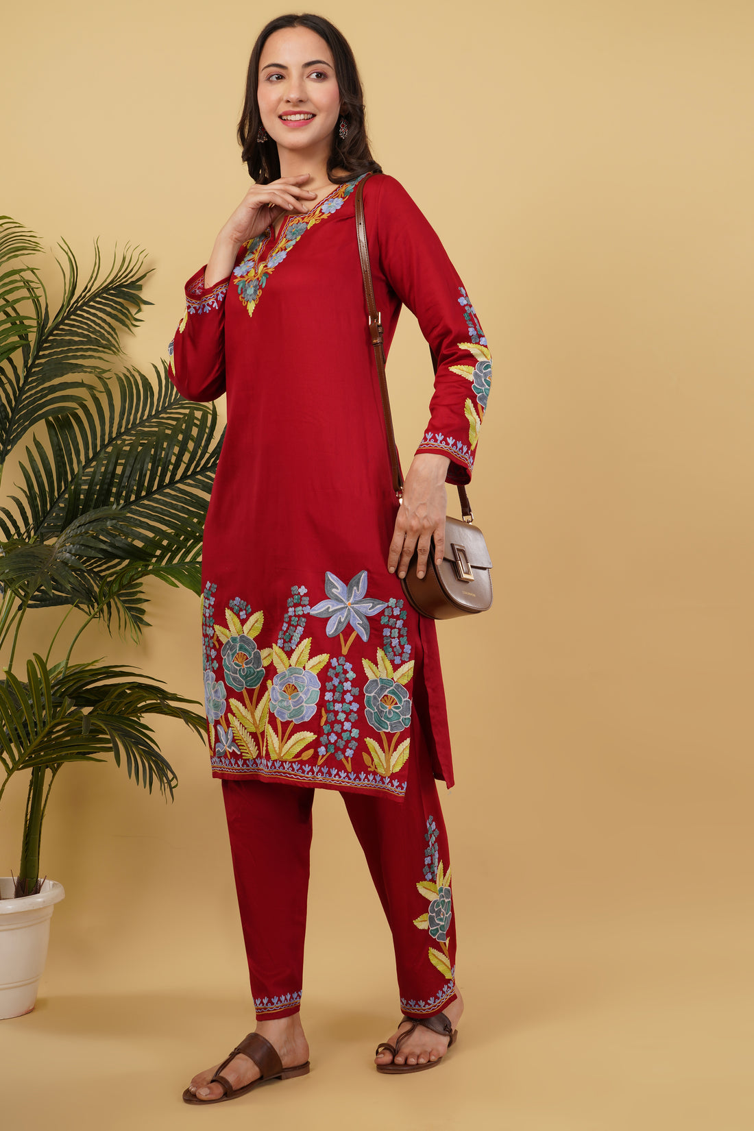 Kashmiri Aari embroidery Jaam Cotton Co-ord set Size-40 (Red)