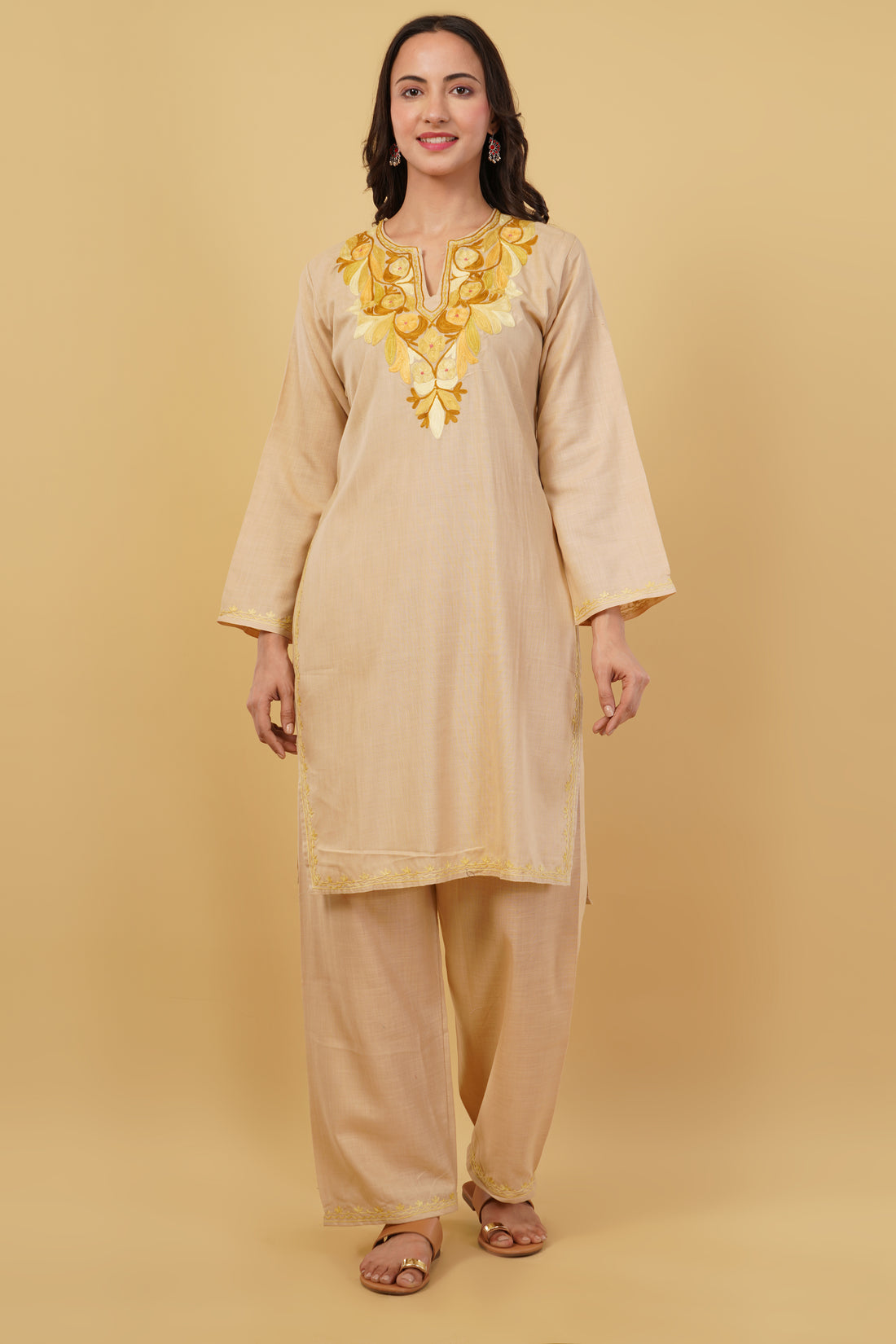 Kashmiri Aari embroidery Cotton Co-ord set Size-38 (Beige)