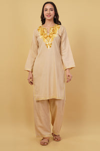 Kashmiri Aari embroidery Cotton Co-ord set Size-38 (Beige)
