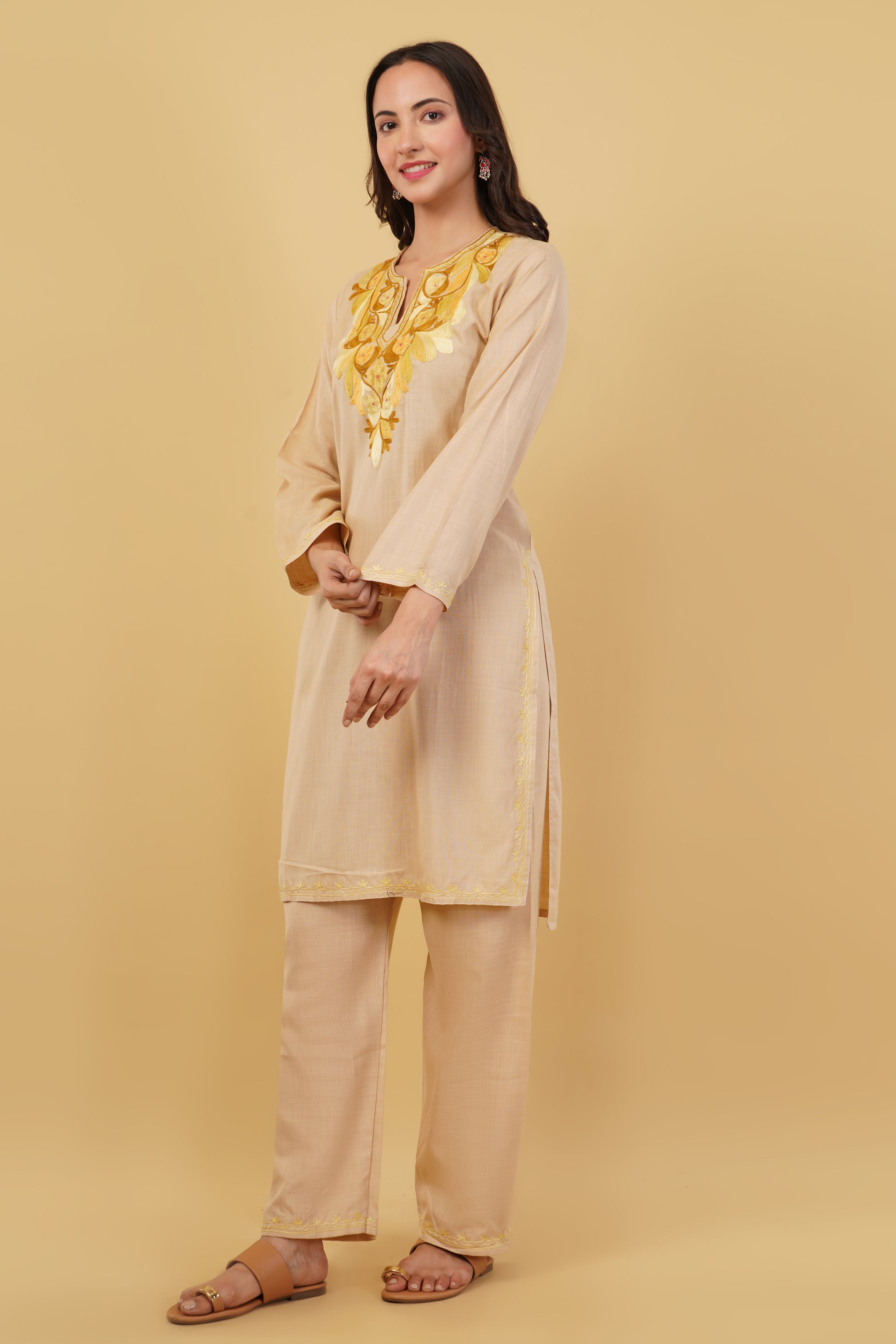 Kashmiri Aari embroidery Cotton Co-ord set Size-38 (Beige)