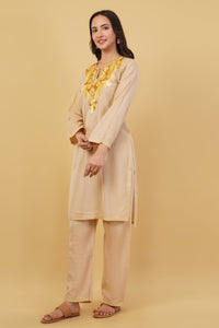 Kashmiri Aari embroidery Cotton Co-ord set Size-38 (Beige)