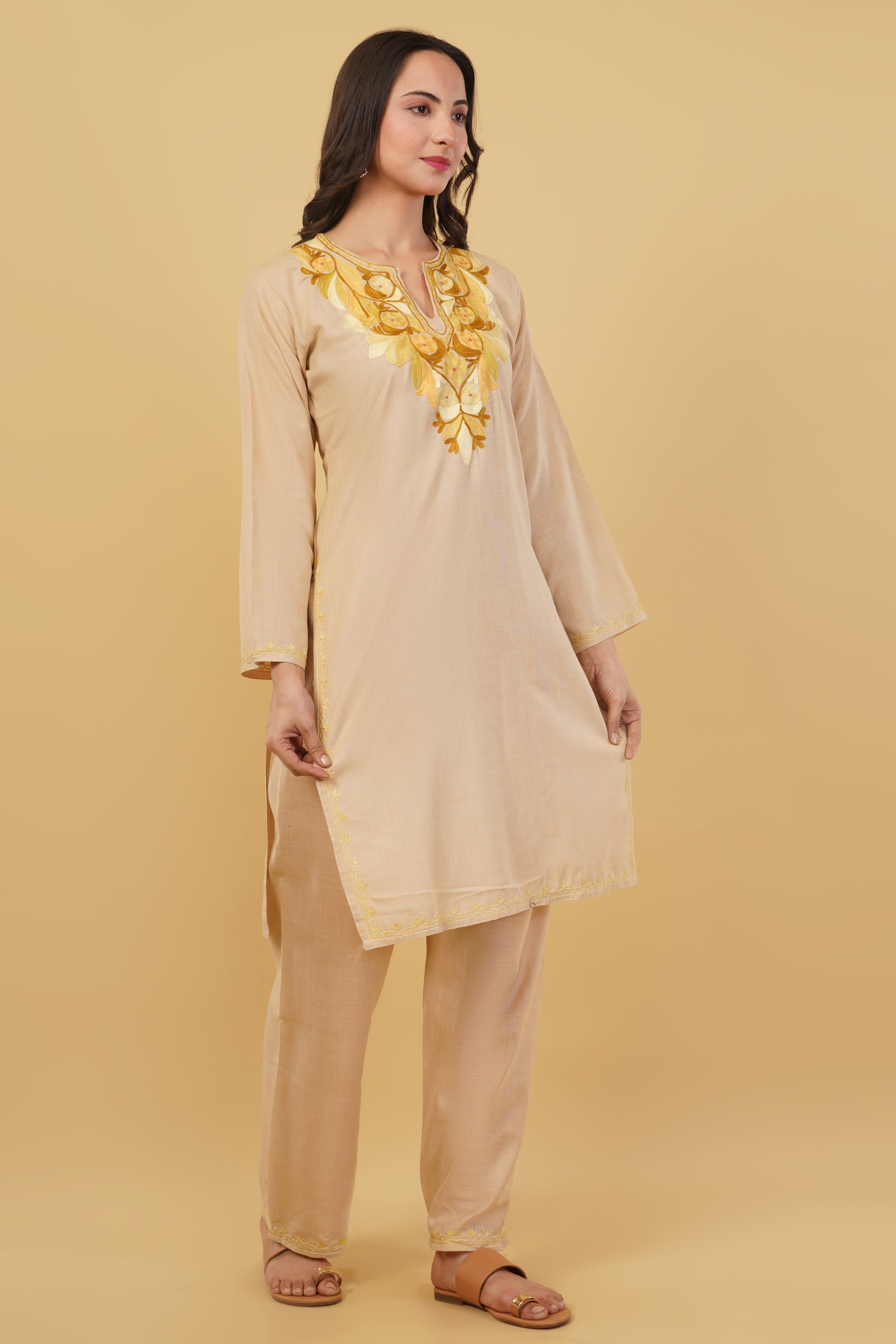Kashmiri Aari embroidery Cotton Co-ord set Size-38 (Beige)