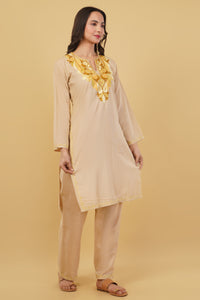Kashmiri Aari embroidery Cotton Co-ord set Size-38 (Beige)