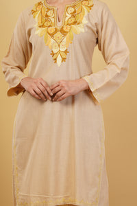 Kashmiri Aari embroidery Cotton Co-ord set Size-38 (Beige)