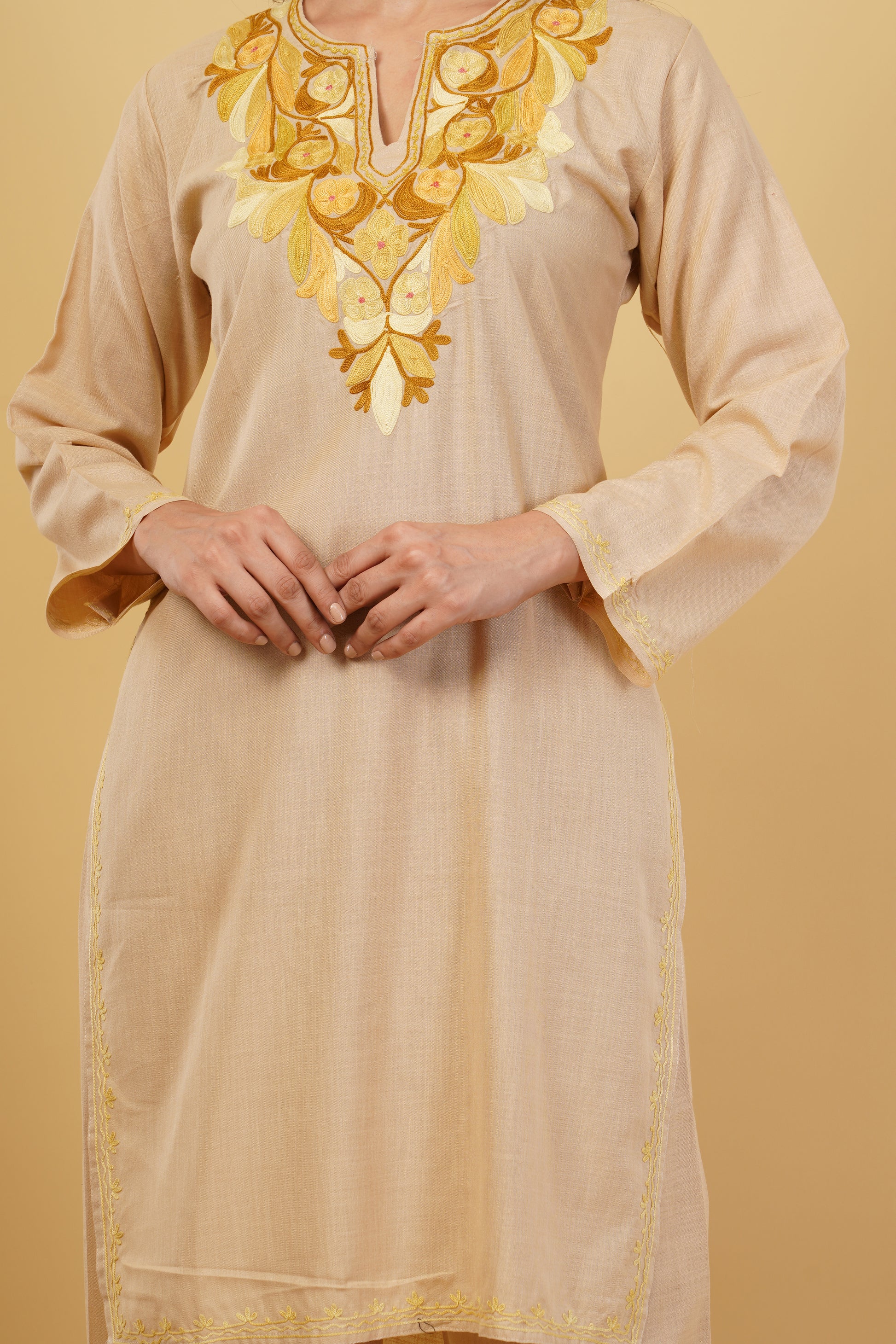 Kashmiri Aari embroidery Cotton Co-ord set Size-38 (Beige)