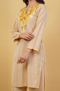 Kashmiri Aari embroidery Cotton Co-ord set Size-38 (Beige)