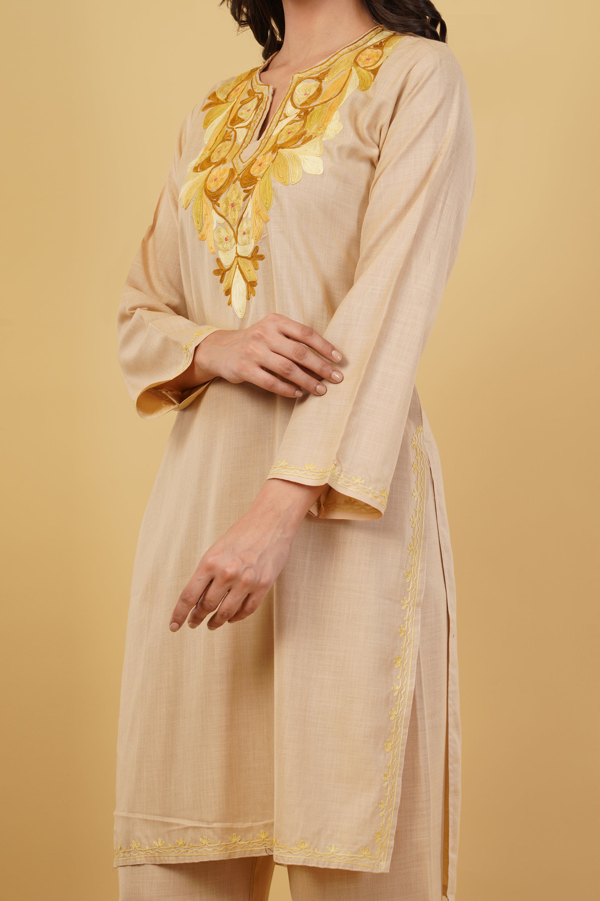 Kashmiri Aari embroidery Cotton Co-ord set Size-38 (Beige)