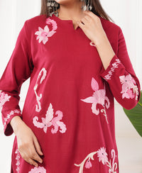 Pure Acro Wool Kashmiri Aari Embroidery Kurti & Pant Set (Red)