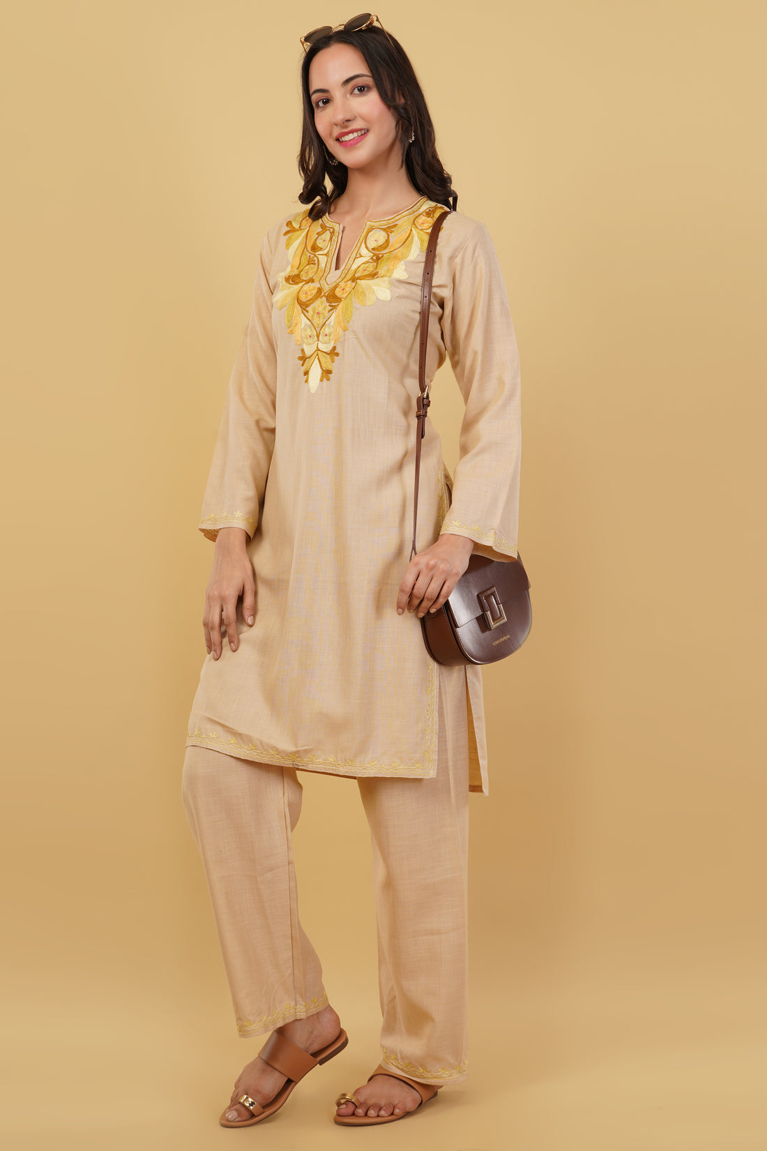 Kashmiri Aari embroidery Cotton Co-ord set Size-38 (Beige)