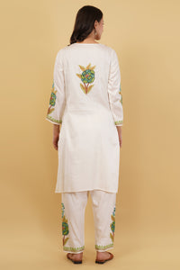 Kashmiri Aari embroidery Jaam Cotton Co-ord set Size-40 (White)