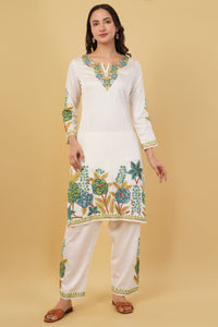 Kashmiri Aari embroidery Jaam Cotton Co-ord set Size-40 (White)