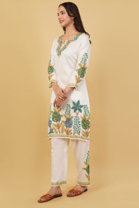 Kashmiri Aari embroidery Jaam Cotton Co-ord set Size-40 (White)