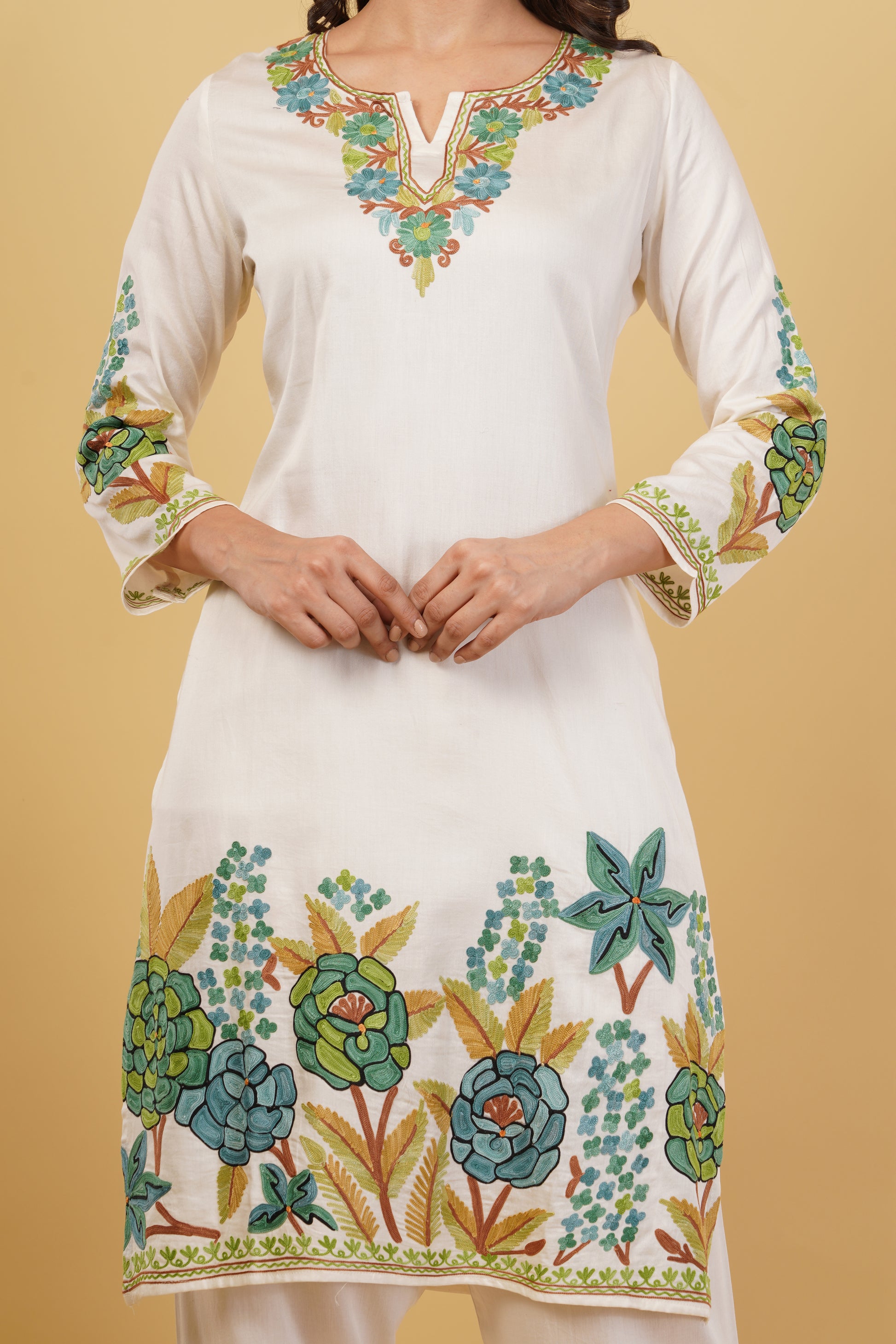 Kashmiri Aari embroidery Jaam Cotton Co-ord set Size-40 (White)
