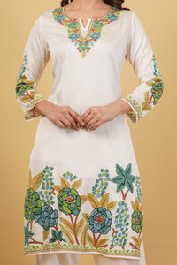 Kashmiri Aari embroidery Jaam Cotton Co-ord set Size-40 (White)